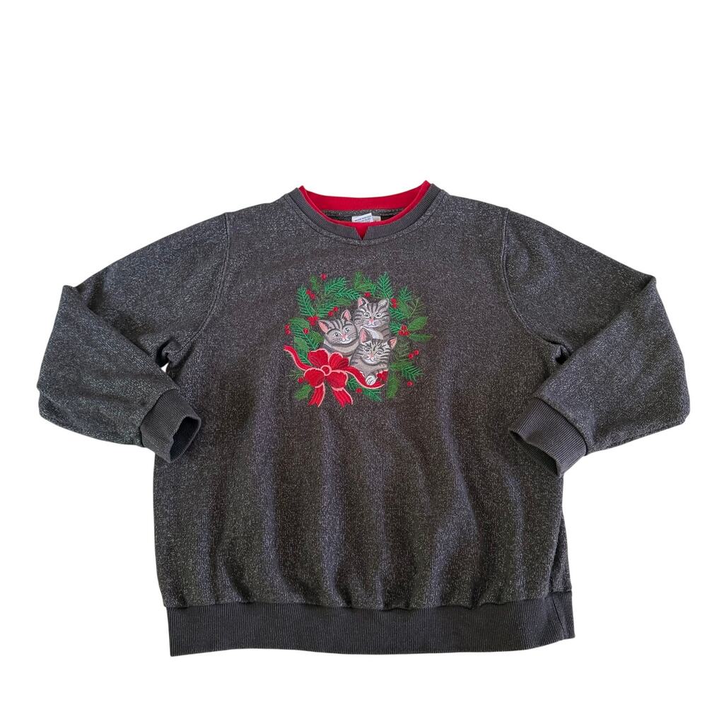 Vtg Y2K 2000s Gray Cat Pullover Crewneck Sweater Sz S Cottagecore Holiday